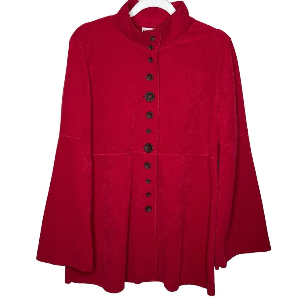 Soft Surroundings Red Fleece Tunic length Button up sweater size Medium